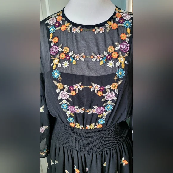 Anthropologie Maeve Anfisa Floral Embroidered Chiffon Mini Dress Womens 2 Black - Picture 8 of 16